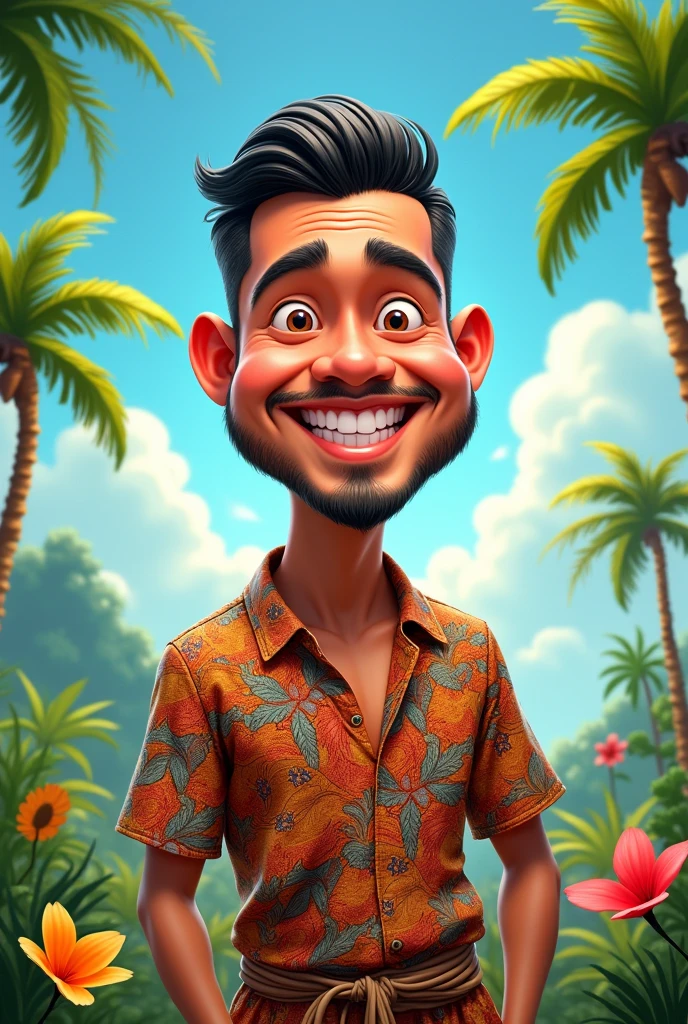 Make me a 4d character caricature of an Indonesian man