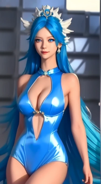 Blue nine-tailed dragon girl, (Bright blue hair), ((Big Hair)), double eyelid, Perfect figure, Nice face, Perfect Skin, blue eyes, spirit princess, Blue period、are shining on the distant planet Spica.、Blue and white beams of light、A beautiful comet flies by、