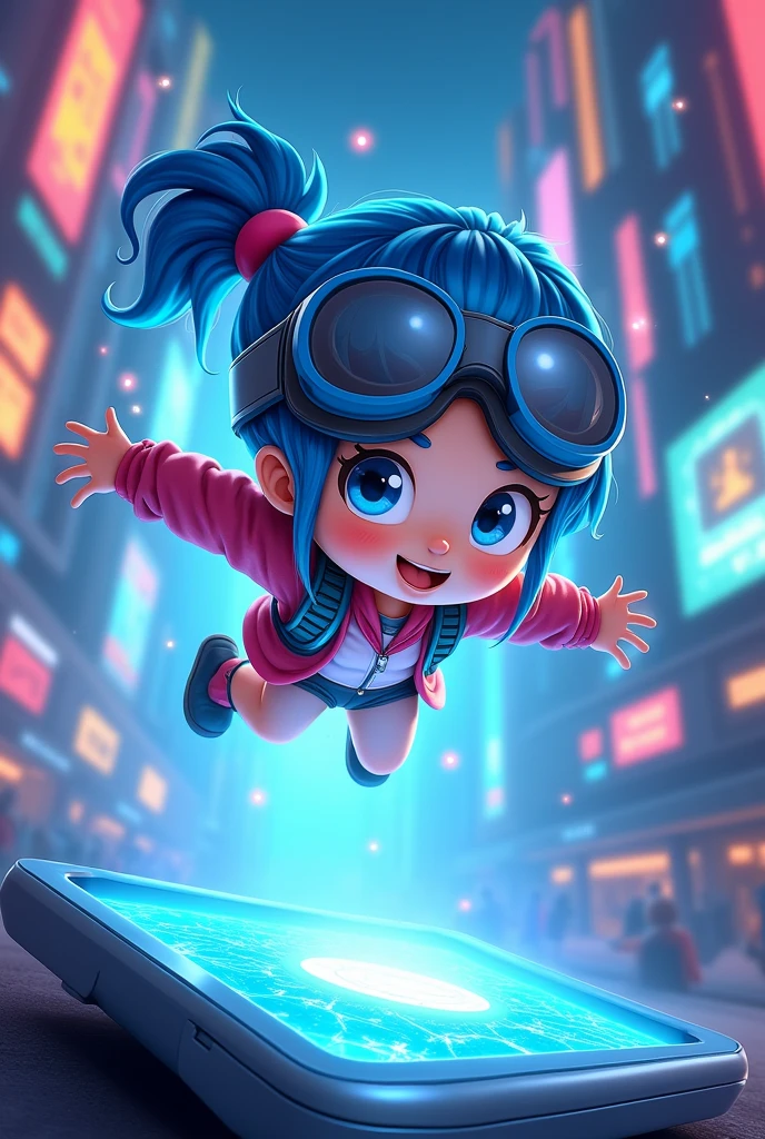 there is a cartoon of a girl flying over a computer, 8 k cartoon illustration, high-tech environment, commercial illustration, computer game, promotional art, exciting illustration, digital art cartoon, digital illustation, digital 2d animation, colorful kids book illustration, corporate animation style, future technology, children's cartoon, proffesional illustration, animation illustrative style
