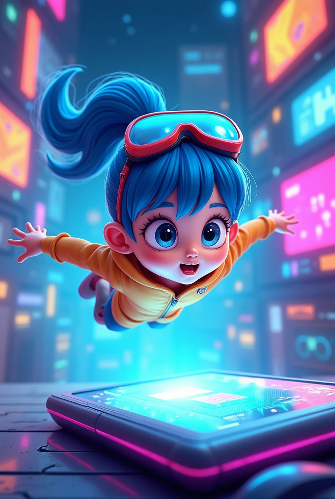 there is a cartoon of a girl flying over a computer, 8 k cartoon illustration, high-tech environment, commercial illustration, computer game, promotional art, exciting illustration, digital art cartoon, digital illustation, digital 2d animation, colorful kids book illustration, corporate animation style, future technology, children's cartoon, proffesional illustration, animation illustrative style
