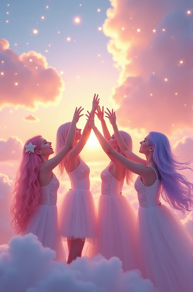 I'm taking photos for a new concept album. Create a girl group concept photo with floating clouds