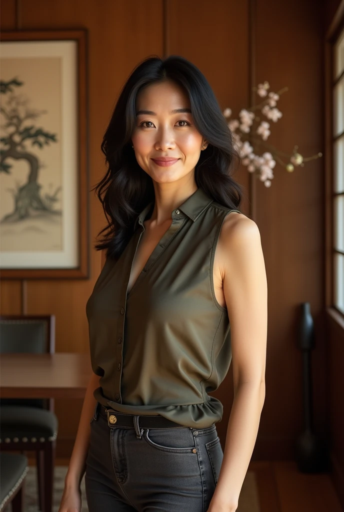 Busty 40 year old Japanese woman in a sleeveless shirt, Facing forward in a room.