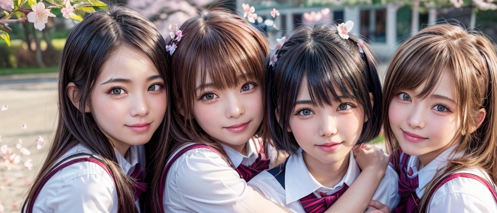 ((masterpiece)), ((best quality)), (ultra-detailed), ((kawaii)), cute, (lovely), ((sexy)), (ero), ((extremely detailed)), 4K, (8K), best quality, (beautiful), hyper realistic, real, dynamic angle, full body, (Cherry blossom petals, cherry blossoms in full bloom:1.3), (3girls, 3 cute girls:1.5), (school girl uniform:1.5), ((beautiful eyes)), short hair, buttocks, large breast, light smile, blush, (wind effect:1.5), (love, hug:1.5)