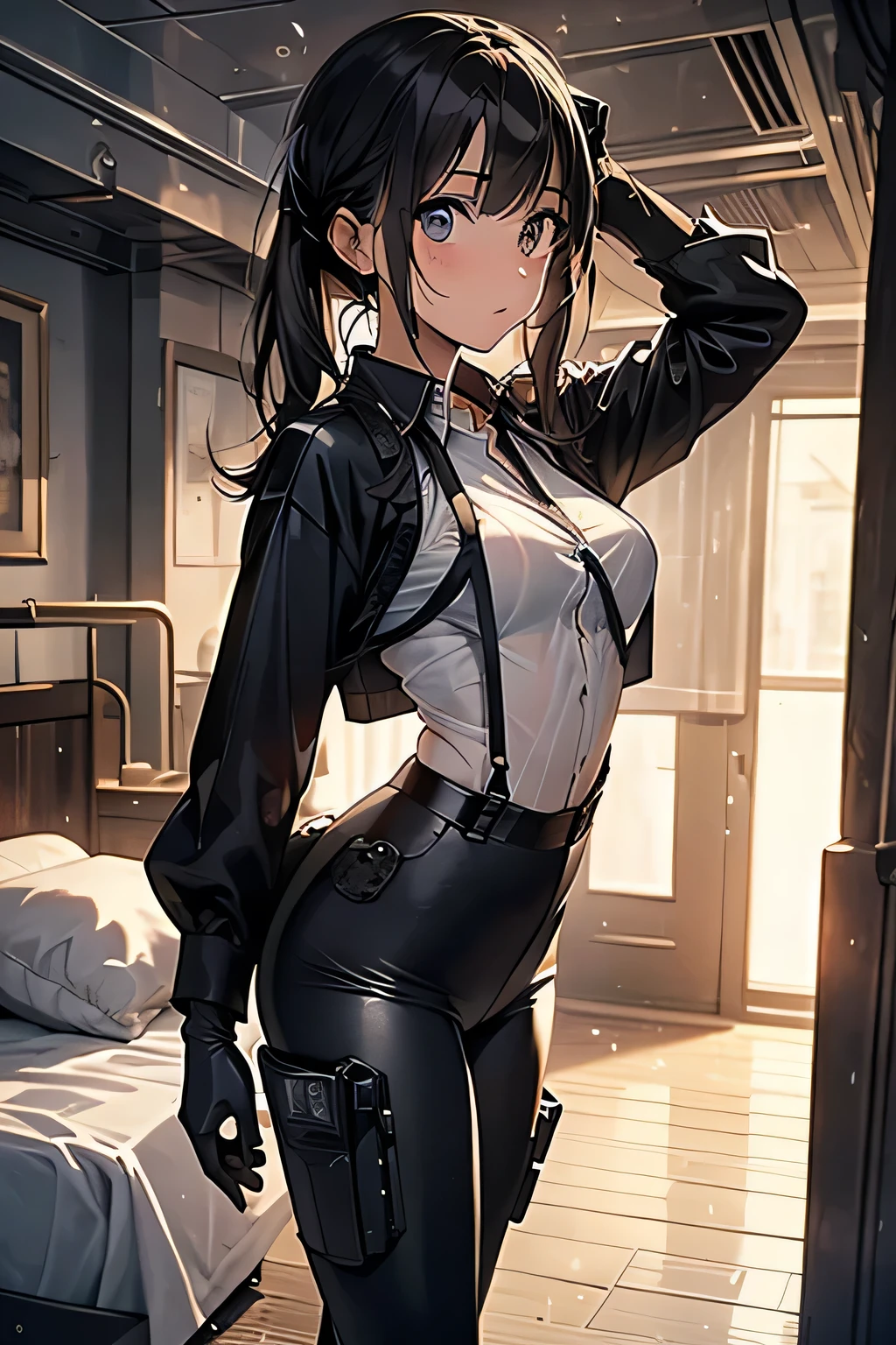1 female, , high quality, masterpiece, Ultra-high resolution, , Cinema Lighting, , , And the suspenders with the cranes flying Large Breasts Small face holster Lying in bed Looking up Sweat belt summer 脇Sweat Black Hole Gloves suit shirt Black jacket Black trousers Leg Links ズボンにbelt holster Hands behind your back Anxious expression Looking up Anxious face, legs apart Armament Cable ties レッグholster holster See-through clothing heavy rain Getting wet in the rain