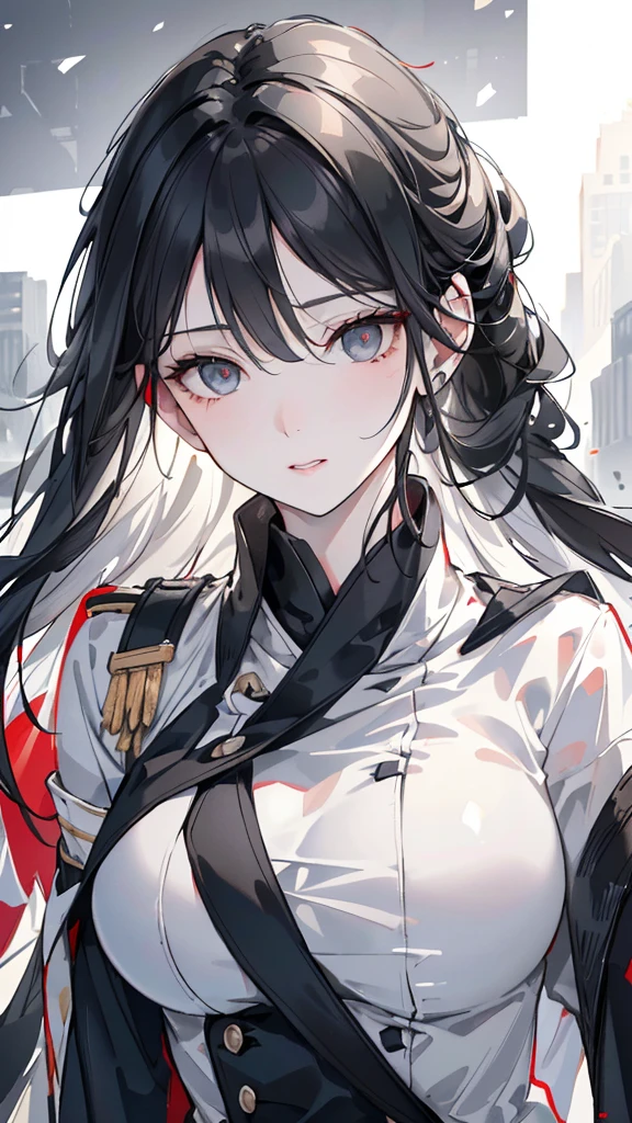 a wagtail with long black hair, the hair tips are white, different colored eyes - the left eye is black and the right eye is silver, wearing a white military uniform and a black windbreaker, (best quality,4k,8k,highres,masterpiece:1.2),ultra-detailed,(realistic,photorealistic,photo-realistic:1.37),HDR,UHD,studio lighting,ultra-fine painting,sharp focus,physically-based rendering,extreme detail description,professional,vivid colors,bokeh,highly detailed and realistic portrait