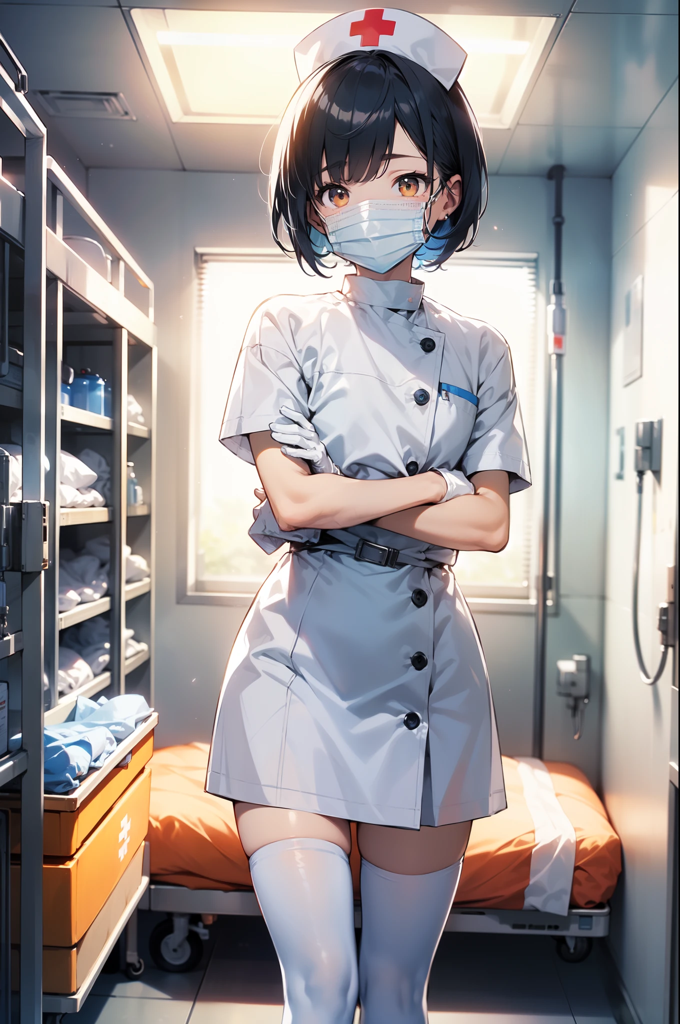 1boy, solo, male focus, nurse, white nurse cap, white nurse uniform, ((white legwear, zettai ryouiki)), white gloves, bobcut, blue hair, orange eyes, ((white surgical mask, covered nose)), standing, ((hospital room)), sharp outline, short sleeves, , , best quality, masterpiece
