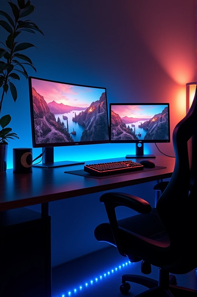 Create a gaming setup consisting of 2 monitors, a landscape monitor with 27 inches and a portrait monitor 24 inches which are attached to a bracket