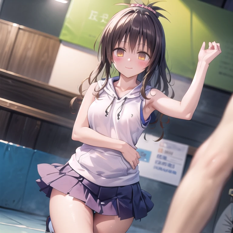 realistically, glowing eyes, ponytail, white short skirt, extra short skirt, Blush, daytime, Wet from the rain, see through, sleeveless shirt, pussy, shy, dancing mikan yuki, the skirt is flipped up, smile, s, highest quality, High resolution, highly detailed face, perfect lighting, Very detailed CG, perfect hands, perfect figure, perfect anatomy, seduce expression, semen drip from pussy, bottomless, tying hair, armpit, athletic figure, full body view, tennis court background,(((sleeveless hoodie, pleated white skirt)))