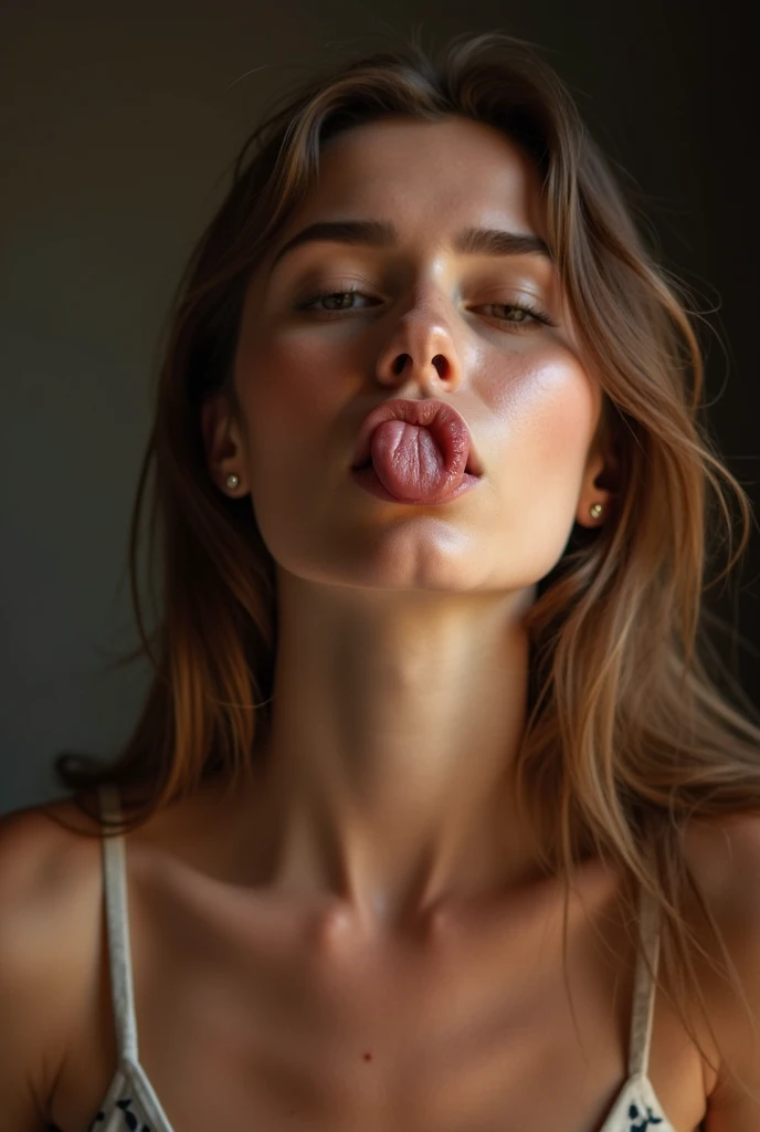 whitecock, nsfw, 1girl, shirt, gorgeous 20-year-old hotty, stunning, beautiful, redhead tan-skinned young woman, delicate facial features, very long wavy hair, light green eyes, wavy bob cut, soft smirk, 1boy, hetero, parted lips, large penis, teeth, solo focus, blurry, black eyes, lips, pubic hair, black shirt, pov, erection, male pubic hair, ((ejaculation)), handjob, cum in mouth, (((cum on hair:2))), realistic, cum on tongue, realistic, <lora:RsmDawnXL_V1:0.75>