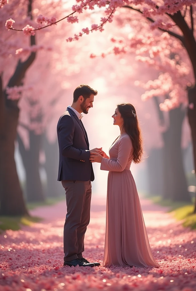A couple is proposing in the middle of a cherry blossom forest and the two are extremely happy.