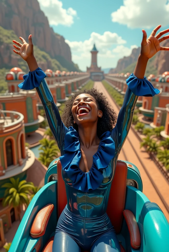 selfie photo of a jade sudanese female happily joyful in a roller coaster, roller coaster fun ride, sunny futuristic landscape, wearing a glamorous latex corset with navy blue top and liquid-lacquered leggings, uploaded to facebook