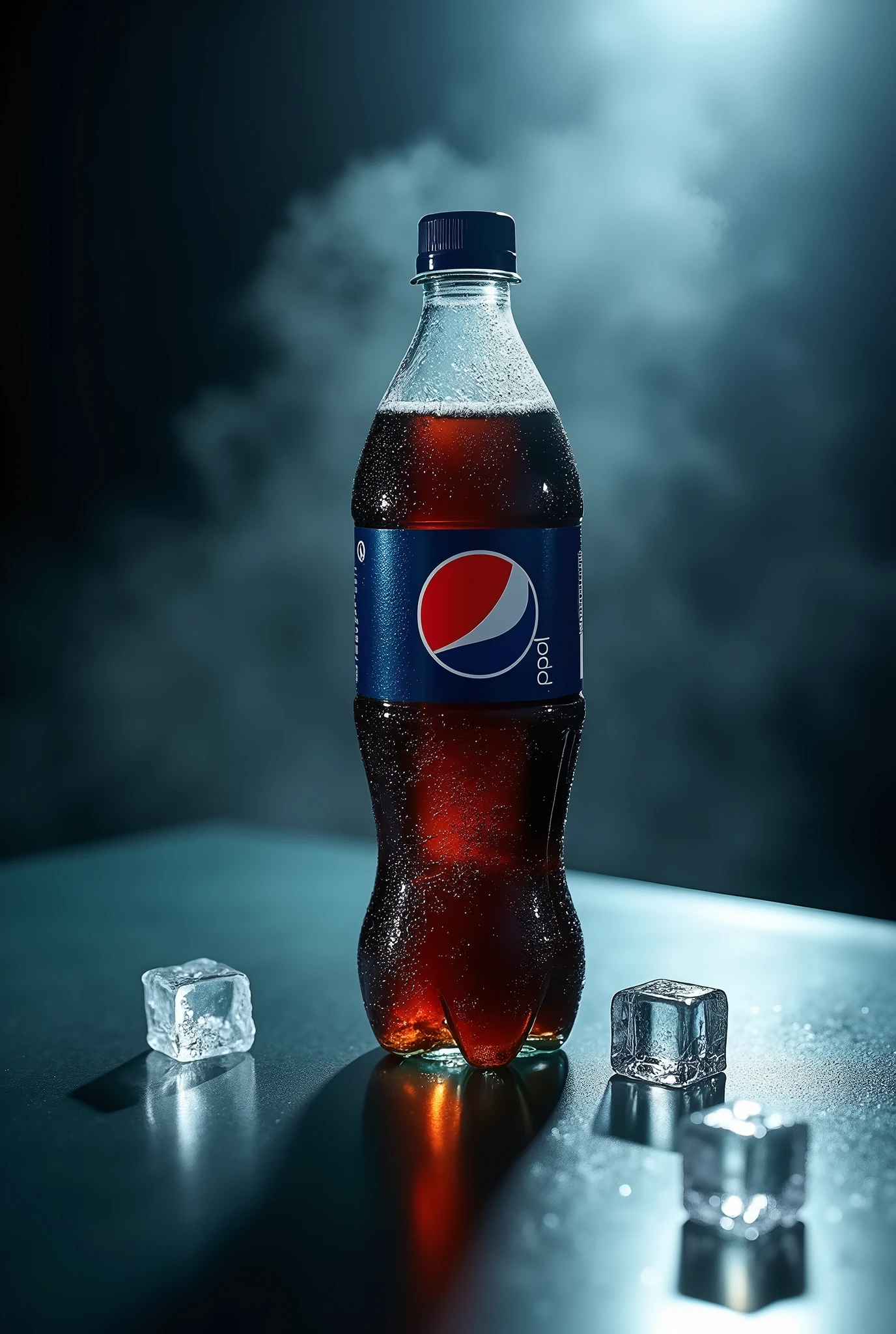 A returnable 1 liter bottle of Pepsi on a glass table, cold and refreshing, dripping water, water splash surrounded, Add a few ice cubes around it, Foggy, dark scene, cinematic light, Photography, realist, volumetric lighting, super details