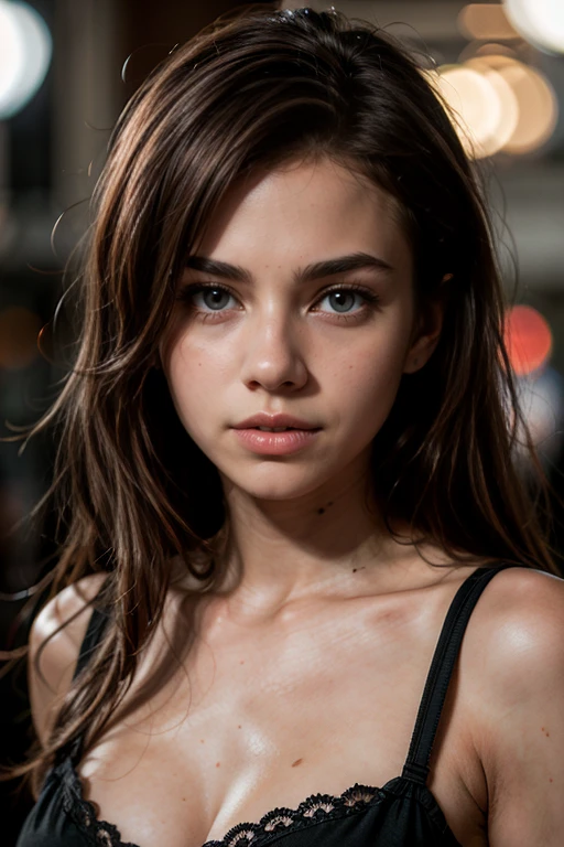 (HD photograph:1.6), best quality, professional portrait, ultra detailed, 8k, professional lighting, f2.8, headshot, pretty 18 year old girl, cute, perfect skin, (long dark hair:1.3), highly detailed eyes, mascara, heavy eye makeup, detailed skin, very busty, (pale skin:1.2), bokeh