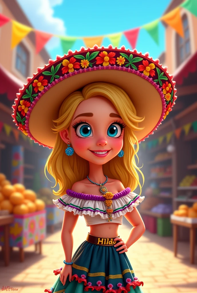 Create a cartoon image of a blonde, blue-eyed woman wearing Mexican clothing and a hat with the name Hilda on it..