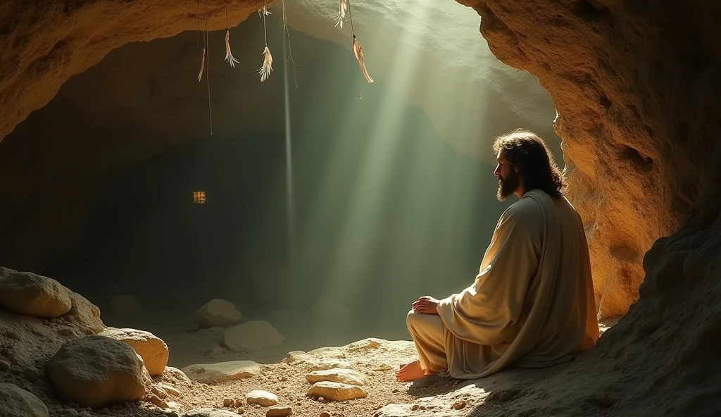 John the Baptist in a cave, meditating and surrounded by spiritual symbols, like feathers and soft light. The color palette is earthy, conveying a sense of introspection and connection with the divine.