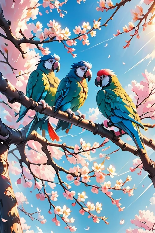 Chinese composition, a colorful parrots facing each other, perched on branches, long tail, blue flowers, artwork, white space, Chinese style, soft tone, low contrast, 2.5 D illustration, SD rendering, best quality, 4K, nature-inspired compositions,