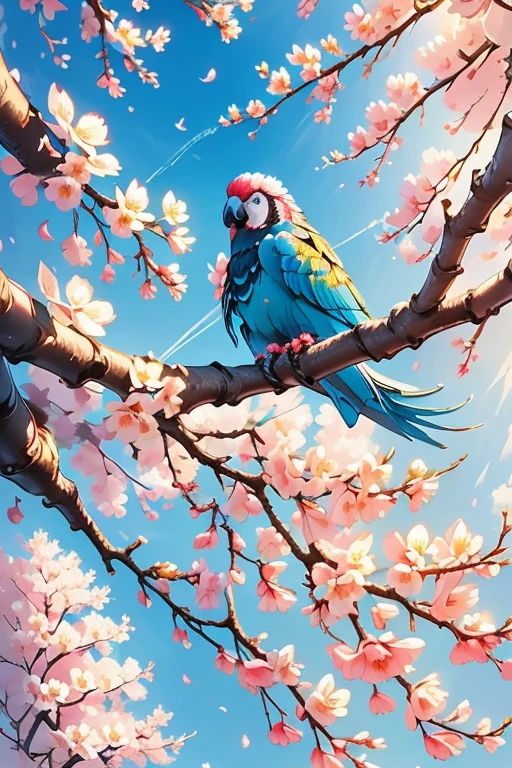 Chinese composition, a colorful parrots facing each other, perched on branches, long tail, blue flowers, artwork, white space, Chinese style, soft tone, low contrast, 2.5 D illustration, SD rendering, best quality, 4K, nature-inspired compositions,