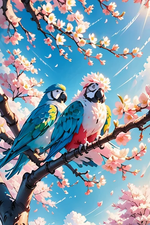 Chinese composition, a colorful parrots facing each other, perched on branches, long tail, blue flowers, artwork, white space, Chinese style, soft tone, low contrast, 2.5 D illustration, SD rendering, best quality, 4K, nature-inspired compositions,