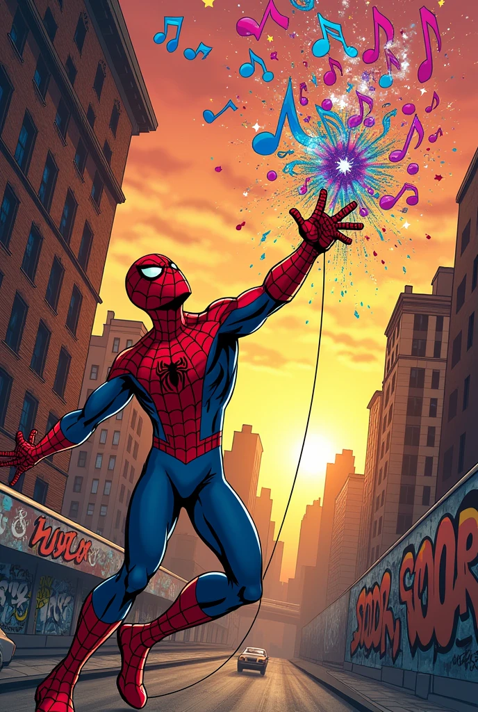 Peter Parker throwing spider web towards some musical notes.. Comic Type