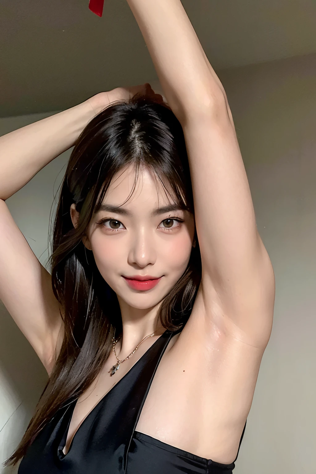 ((Realistic lighting、Highest quality、8k、Real Life Photos、Amateur Photography、Ultra-high resolution、masterpiece:1.3))、((Excellent anatomy:1.2))、Finer details、Clear focus:1.2、 nude、1. Japanese women、alone、Perfect Body Beauty:1.4、Slim Abs:1.1、Dark brown eyes、disheveled middle brown hair、((Face close-up:1.4))、(Midnight Room、In front of the wall)、Thin face、Slender body、sexy、Red cheeks、(Black Silk Gloss Dress)、(Face close-up:1.1)、((( Nipples peeking out of the dress:0.9)))、((Raise your arms high:1.3))、((Show me your armpits:1.3))、Pointed nipples、Chest do-up、Looking into the camera、Detailed skin texture、Detailed face、Detailed fabric texture、(26 years old:1.3)、double eyelid、necklace、 (Laughter:1.2)、