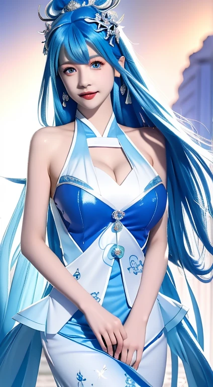 Blue nine-tailed dragon girl, (Bright blue hair), ((Big Hair)), double eyelid, Perfect figure, Nice face, Perfect Skin, blue eyes, spirit princess, Blue period、are shining on the distant planet Spica.、Blue and white beams of light、A beautiful comet flies by、