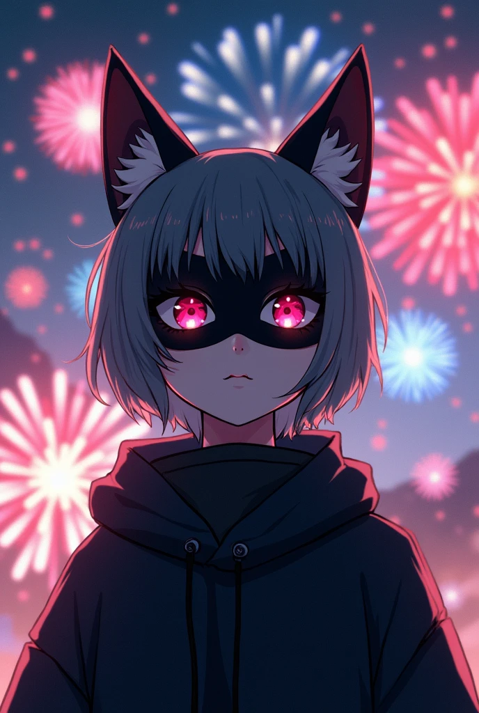 Genderless human wearing a black fox mask Anime-style fireworks Silver-haired short Cute Cool 20-year-old No ears