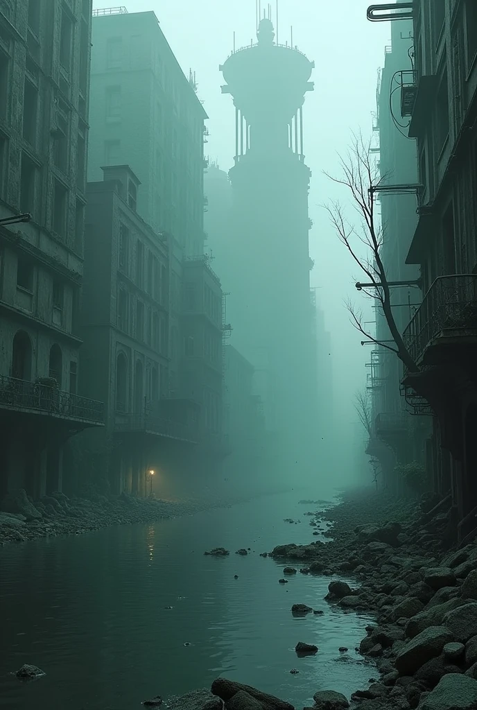 Create a post-apocalyptic scenario where water flooded the earth, with few trees and many structures and buildings. Add high resolution details, like abandoned buildings., cracks in the structure, faulty electrical installations, and poor lighting. The scene should have a mysterious and dark tone., with water elements and ruins, High resolution, hyper detailed, add vessels used as cities, ship cities, 8k, Lots of quality