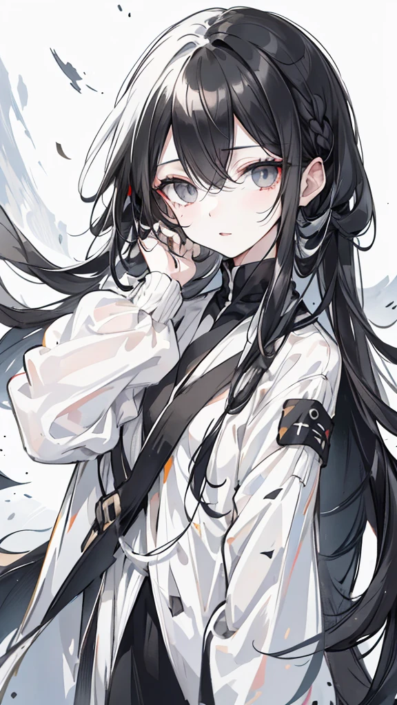 wagtail,Long black hair,Hair tips are white,Different colored eyes,The eyes are different color,The left eye is black,Right eye is silver,White military uniform and black windbreaker