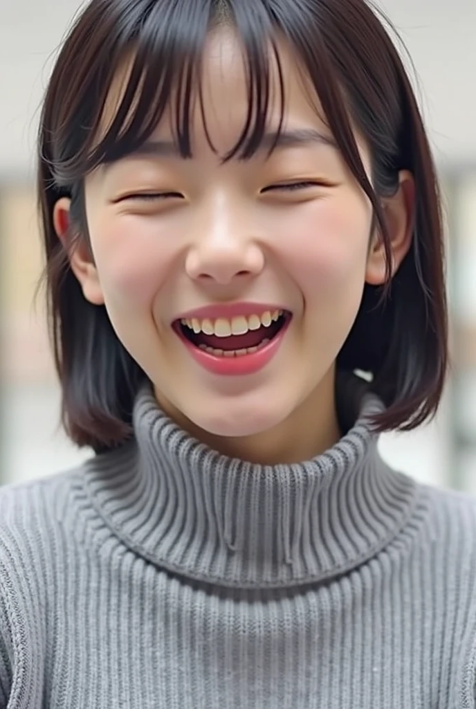Highest quality,Japanese Idols, Short Bob Hair、bangs、Award-winning photo, Very detailed, Edge Orgasm, Face Focus, (Woman with open mouth and closed eyes ), Age 30、Black Hair、 News anchor、((No makeup)), Glowing Skin,From below、Realistic nostrils、Browsing Caution,Shortcuts、Big Breasts、Vibrator prank in public, 公共の場でのBig Breasts女性, She leaned back., (She closed her eyes), she yawns, She wants you to stop using vibrators