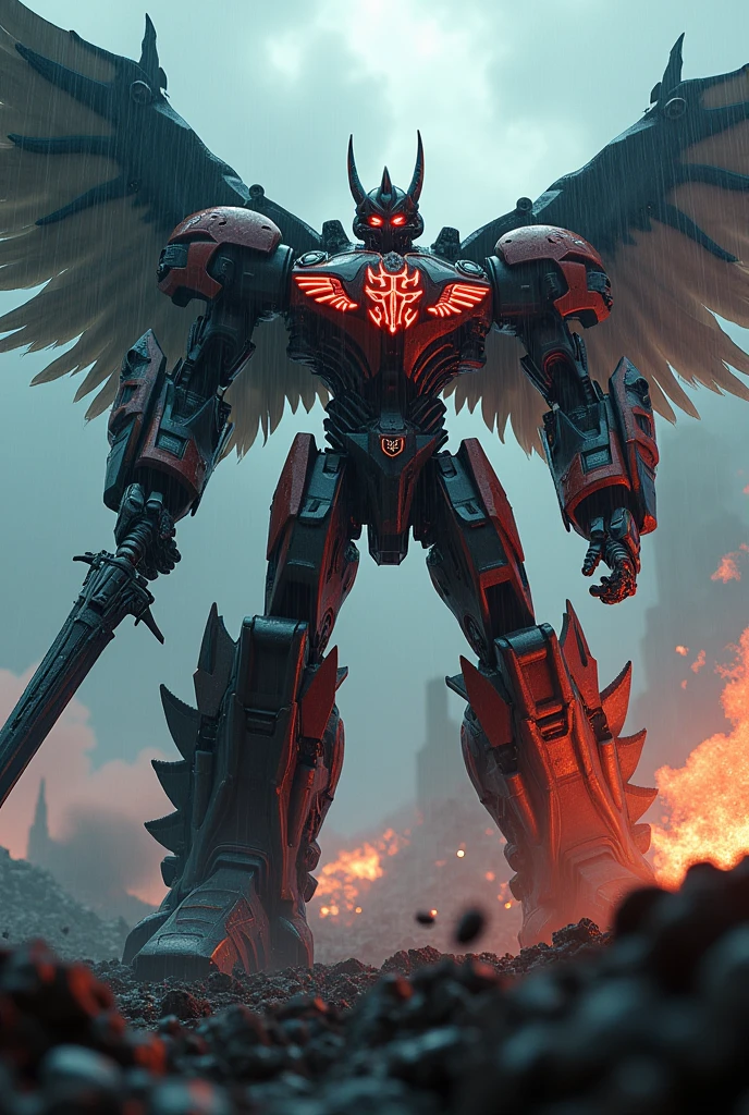 Create a 3D animated robot transformer with Templar and demonic satanic symbolism, featuring epic fighting poses. Add artistic sculptural poses to the scene, depicting the robot crushing its enemies, who are soaked in blood., the atmosphere is cold, It&#39;s raining and it&#39;s dark, There are background gunshots and robots fighting, the protagonist has wings, a big sword and a big futuristic gun