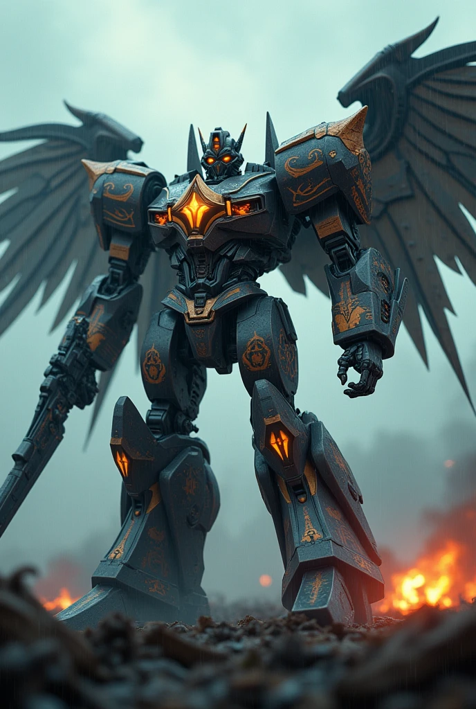 Create a 3D animated robot transformer with Templar and demonic satanic symbolism, featuring epic fighting poses. Add artistic sculptural poses to the scene, depicting the robot crushing its enemies, who are soaked in blood., the atmosphere is cold, It&#39;s raining and it&#39;s dark, There are background gunshots and robots fighting, the protagonist has wings, a big sword and a big futuristic gun