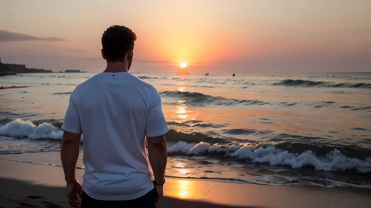 DClark, D_Clark, a young man, 25yo, with his back turned, looking at the sea at sunset