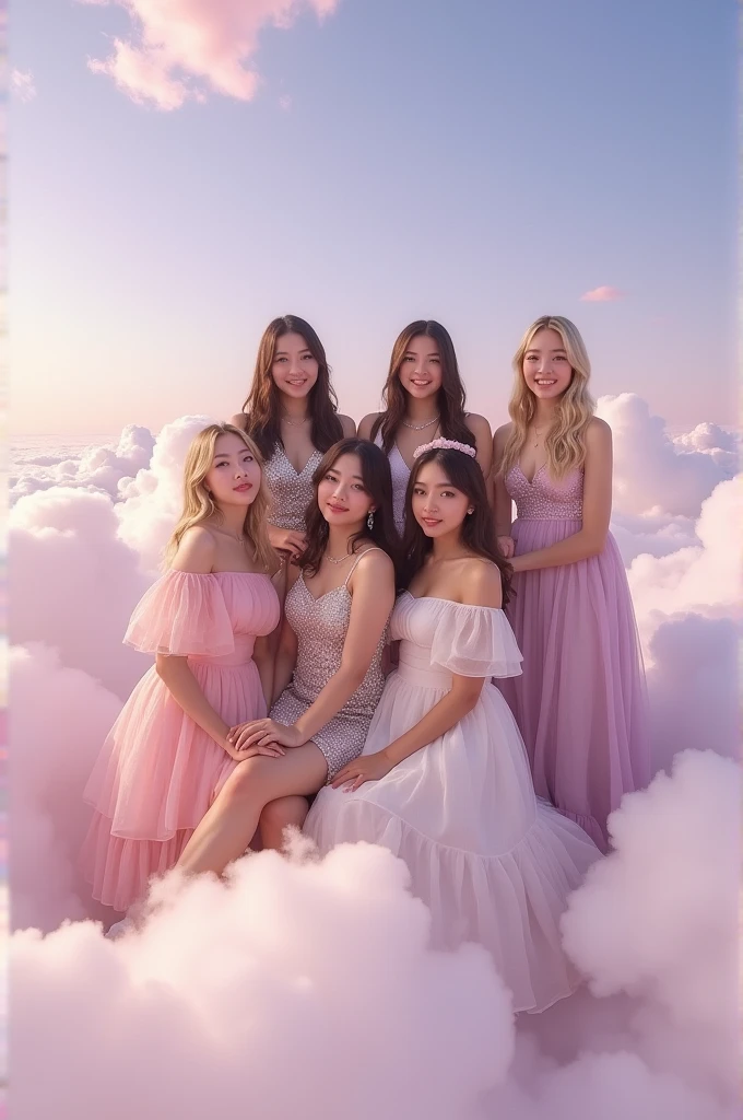 I'm taking photos for a new concept album. Create a girl group concept photo with floating clouds