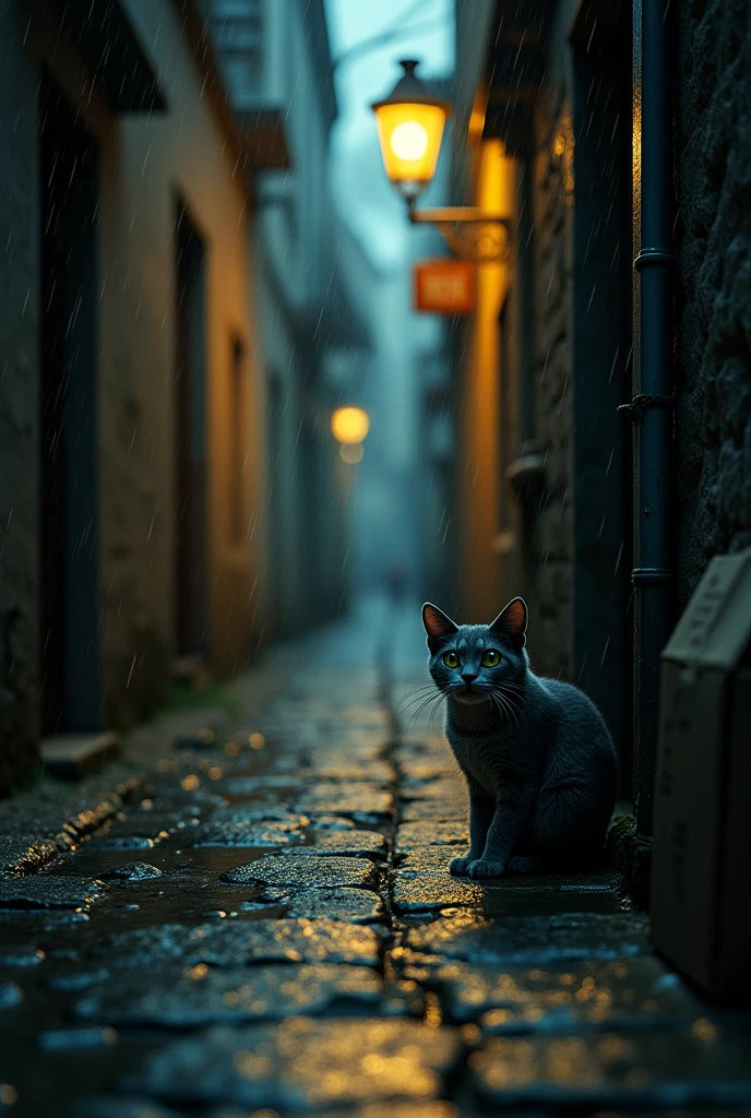  narrow and dark alley, lit only by the dim light of a street lamp. The light rain falls constantly, soaking the uneven stone floor. In a corner, near a partially destroyed cardboard box, a small, thin cat, gray fur, is shrunken. Her big green eyes are watery, and he lets out a weak meow, almost inaudible, while looking around, looking for some company. The cat shivers from cold and hunger, her increasingly desperate meows, but nobody shows up. The hurried footsteps of people passing through the alley echo in the distance., ignoring the little feline who just wants to be held. The sound of rain and the cat&#39;s sad meow mix together, creating a melancholic melody in the silence of the night.  cinematic lighting, Unreal Engine 5,  cinematic, Color Grading, Editorial Photography, Photoshoot, Shot on 70mm lense, Depth of Field, DOF, Tilt Blur, Shutter Speed 1/1000. F/22, White Balance, 32K, Super-Resolution, Megapixel, ProPhoto RGB. VR, tall, epic, artgerm, Alex Ross, Halfrear Lighting, Backlight, Natural Lighting, Incandescent, Optical, fiber, Moody, Lighting, cinematic, Lightning, Studio Lightning, Soft Lightning, Volumetric, Contre-Jour, dark Lighting, Accent Lighting, Global Illumination, Screen Space Global Illumination, Ray Tracing, Global Illumination, Red Rim light, cool color grading 45%. Optics, Scattering, Glowing, Shadows, Rough, shimmering, Ray Tracing Reflections, Lumen Reflections, Screen Space Reflections, Diffraction Grading, Chromatic, Aberration, GB Displacement, Scan Lines, Ray Traced, Ray Tracing Ambient Occlusion, Anti-Aliasing, FKAA, TXAA, RTX, SSAO, Shaders, OpenGL-Shaders, GLSL-Shaders, Post Processing, Post-Production, Cel Shading, Tone Mapping, CGI VFX, SFX, insanely detailed and intricate, Hypermaximalist, elegant, hyper realistic, supeedetailed, dynamic pose, centered, photography