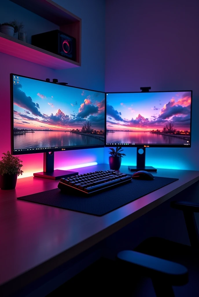 Create a gaming setup consisting of 2 monitors, a landscape monitor with 27 inches and a portrait monitor 24 inches. Both monitors should be attached to a bracket