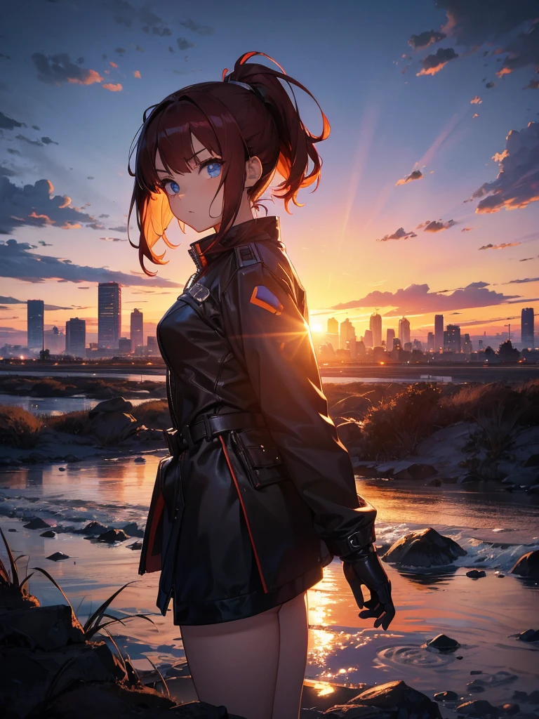 Cityscape, building, Skyline, sunset, Silhouette against a cloud background, meditation. Watching the beautiful sunset, sunset時に, sunset時, sunsetとともに, In the sunset, Nice views, Sunset view, With the sunset, sunset時に, During Golden Hour, looking sunset時に, Sunset in the background, Watching the sunset, Attention,, Very detailed, blue eyes, Redhead, Angry expression,Wearing a black fur jacket, Medium Hair,ponytail, Anime Style, whole body, alone, Stylish Gladiator Girl, I have a rapier,Standing in the Wilderness, 8K high resolution, White Background, The background is a dark and desolate landscape, Horror movie atmosphere. Her figure is very beautiful, Emphasizing the dark and crazy elements. Skillfully expressing the effects of light and shadow, Anime ' Line, Mechanized Soldier Girl, ' Line style
