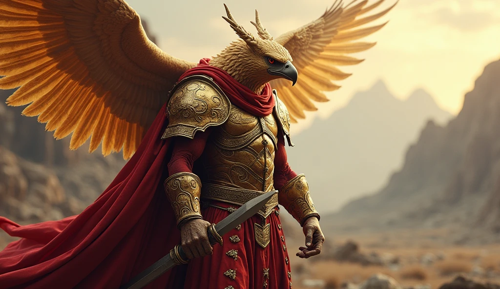 Montenegro as a barbaric voluminous warrior League of Legend creature principally in red and gold with a golden eagle. Intricated clothing. Cinematic Fantasy sci-fi landscape background