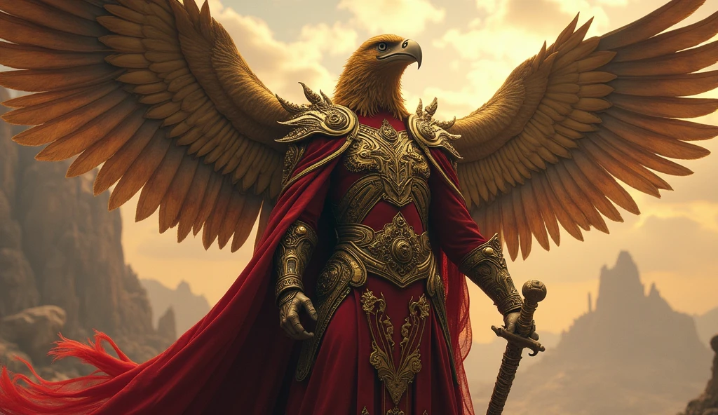 Montenegro as a barbaric voluminous warrior League of Legend creature principally in red and gold with a golden eagle. Intricated clothing. Cinematic Fantasy sci-fi landscape background