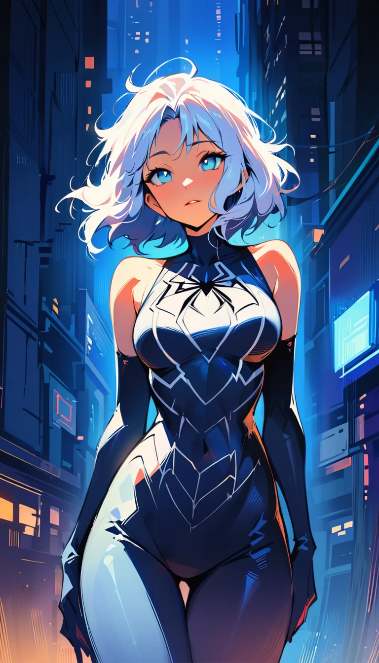 uma pintura digital da spider gwen utilizando, cabelos longos, arte cyberpunk de Josan Gonzalez, vencedora do concurso behance, afrofuturismo, synthwave, neon, neon brilhante,coxas grossas, cintura fina, sensual, nsfw, pouca roupa, arte erotica, anime, roupas rasgada de batalha, extremamente sexualizada, corpo suado, NSFW, seios grandes, bunda grande, HD, 8k, Alta qualidade, detalhes, corpo perfeito, destaque o corpo, detalhe no rosto perfeito, Detail in the background