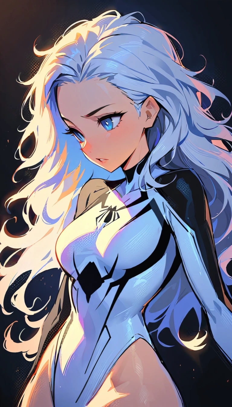 (high quality, 8k, 4K, high contrast, artwork:1.2, high quality, best aesthetics), ((1 woman)), erotic, sensual, mature body, grown woman, super detailed, beautiful face detailed, beautiful eyes detailed, detailed beautiful mouth, (short wavy white hair), (blue eyes), (calm expression), (standing straight body posture), (centered woman), (front facing woman), (medium breasts), (woman wearing a black and white version of the Spider-Man costume)