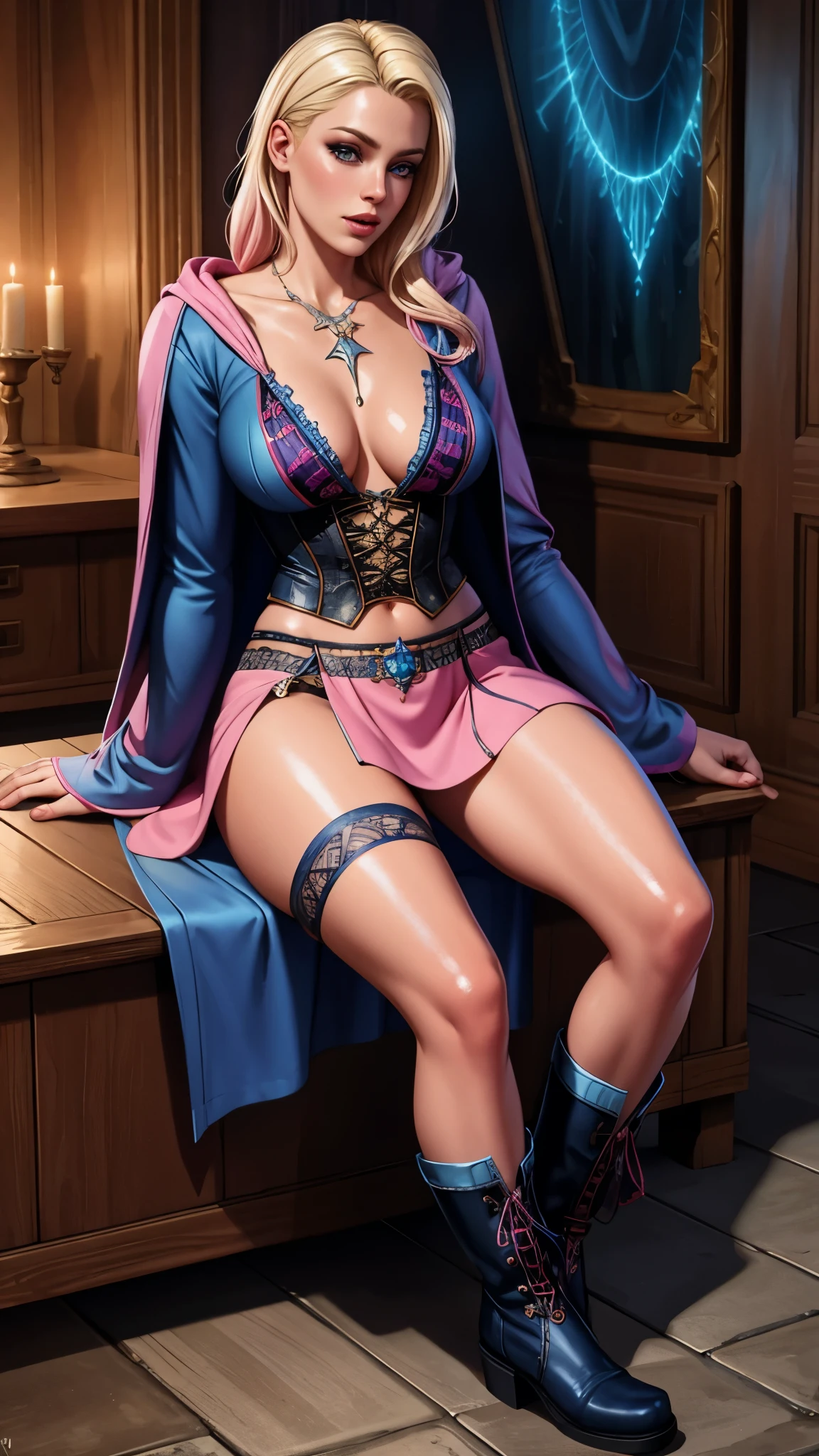 sorceress, sitting, boots, fishnet stockings, mini skirt, rebel, pink panties, blonde hair, blue robe, detailed face, detailed eyes, detailed lips, highly detailed, masterpiece, 8k, photorealistic, cinematic lighting, digital art, fantasy, dark magic, occult, mystical