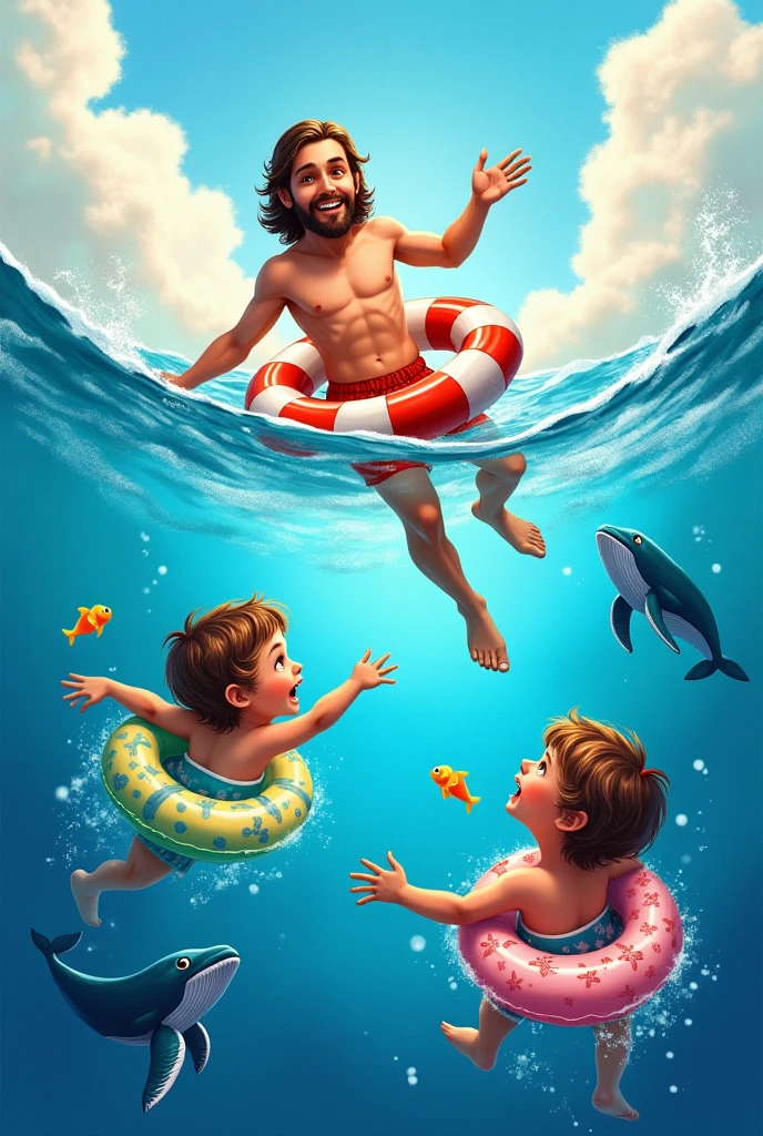 Create a print art for a BLOUSE In the art you must put Jesus dressed as a lifeguard, inside the sea, swimming towards the 2 drowning children, add floats to the children.
  Also add little fish, whale and turtles, I want all the art in DRAWING. 
The kids have to be cute 