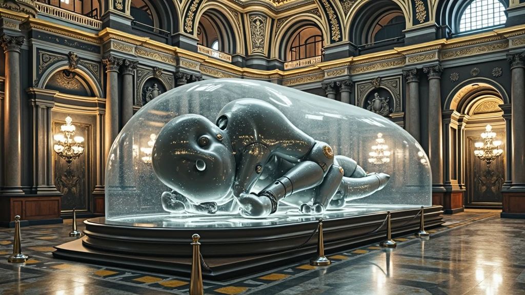 an intricately detailed, large-scale sculpture of a futuristic, biomechanical being encased in a transparent, protective glass-like shell. The figure appears to be in a curled or fetal position, emphasizing its massive size compared to its surroundings. The sculpture is situated within an opulent, historic building, possibly a grand hall or a museum, with richly decorated walls, ornate columns, and a polished marble floor. The setting is illuminated by warm, ambient lighting, highlighting the contrast between the ancient architectural style and the modern, science fiction-inspired artwork. The artwork is cordoned off by ropes, indicating its significance and encouraging viewers to observe from a respectful distance.
