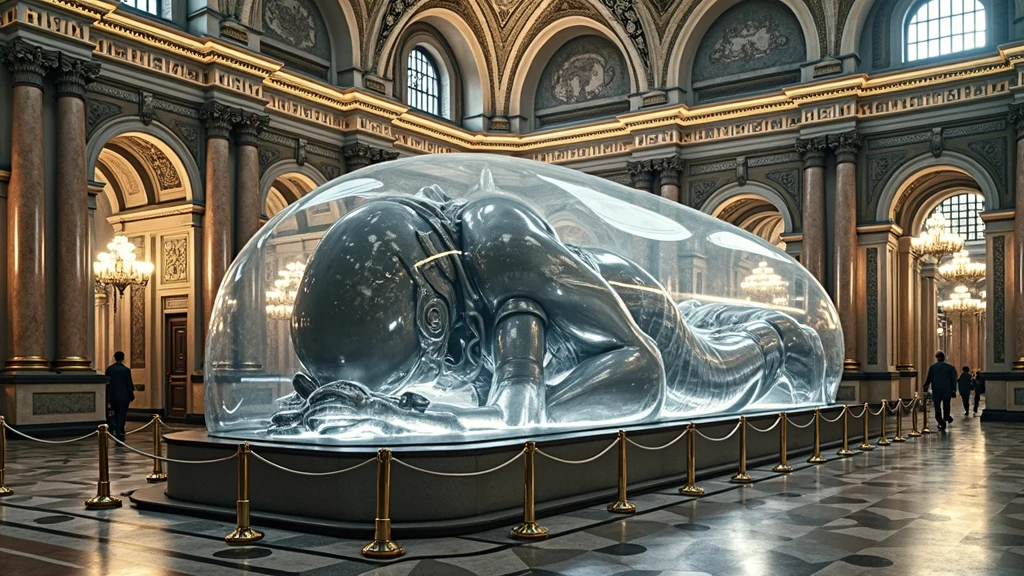 an intricately detailed, large-scale sculpture of a futuristic, biomechanical being encased in a transparent, protective glass-like shell. The figure appears to be in a curled or fetal position, emphasizing its massive size compared to its surroundings. The sculpture is situated within an opulent, historic building, possibly a grand hall or a museum, with richly decorated walls, ornate columns, and a polished marble floor. The setting is illuminated by warm, ambient lighting, highlighting the contrast between the ancient architectural style and the modern, science fiction-inspired artwork. The artwork is cordoned off by ropes, indicating its significance and encouraging viewers to observe from a respectful distance.