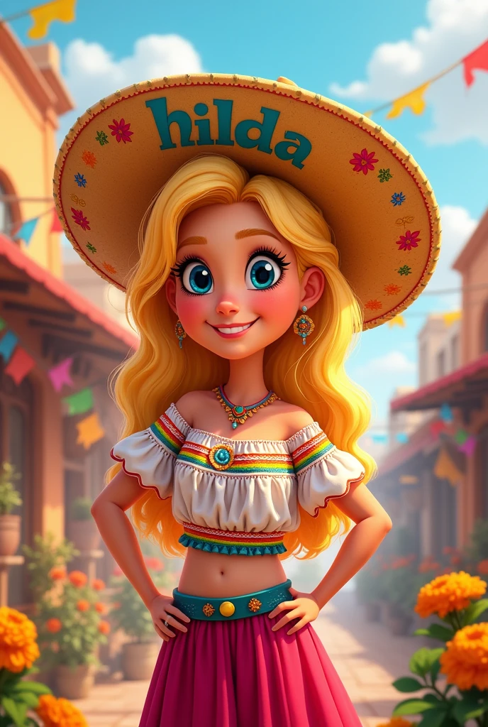 Create a cartoon image of a blonde, blue-eyed woman wearing Mexican clothing and a hat with the name Hilda on it..