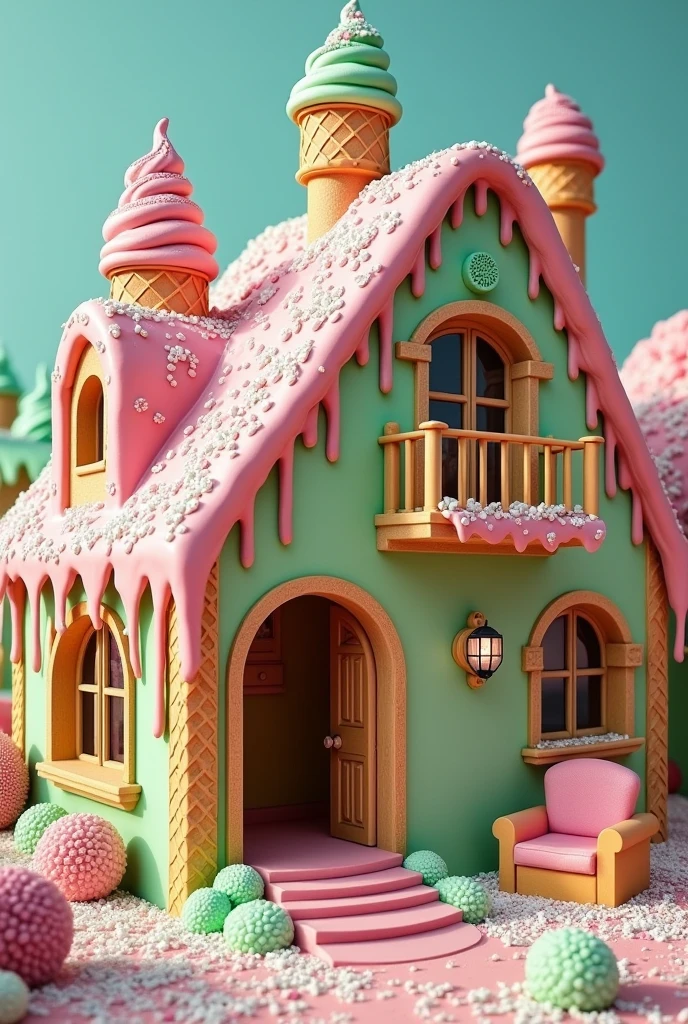 a realistic image of an ice-cream house from inside and outside of house even every corner of the house is made of ice-cream scoops, kitchen shelves, hall balcony area also