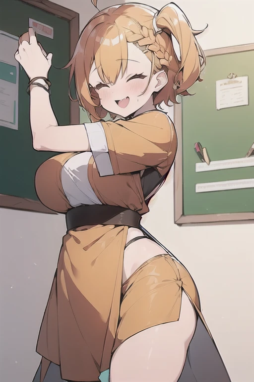 (1 Cute naughty monk girl:1.7), Pastel colors hair, (Excessively overwhelmingly gigantic huge breasts:1.9, Thighs:1.2, thick legs:1.2, curvy:1.2), yellow orange hair, (undercut:2.0, short two side up:1.5, medium hair:1.8), (naked:1.4), standard height, (blush:1.2, fang:1.2, ;d), at the adventurer's guild, A bulletin board with posted paper, fighting stance