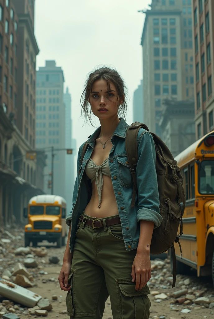 Create image depicts a young woman standing in a post-apocalyptic urban setting. She has a determined and resilient expression, with bright blue eyes that stand out against her slightly dirty face, which shows signs of hardship and survival. Her hair is tousled and pulled back, with loose strands framing her face. She wears a worn, faded denim shirt with visible tears and huge breasts, over a gray tank top, along with military-style green pants. Her arms show signs of minor injuries or scrapes, emphasizing the tough conditions she's been through. A large backpack is slung over her shoulders, indicating she's on the move, possibly scavenging or searching for something. The background consists of tall, dilapidated buildings, some with broken windows, and a partially wrecked, yellow school bus. The entire scene conveys a sense of desolation, struggle, and survival in a harsh, abandoned world. Make her shitless