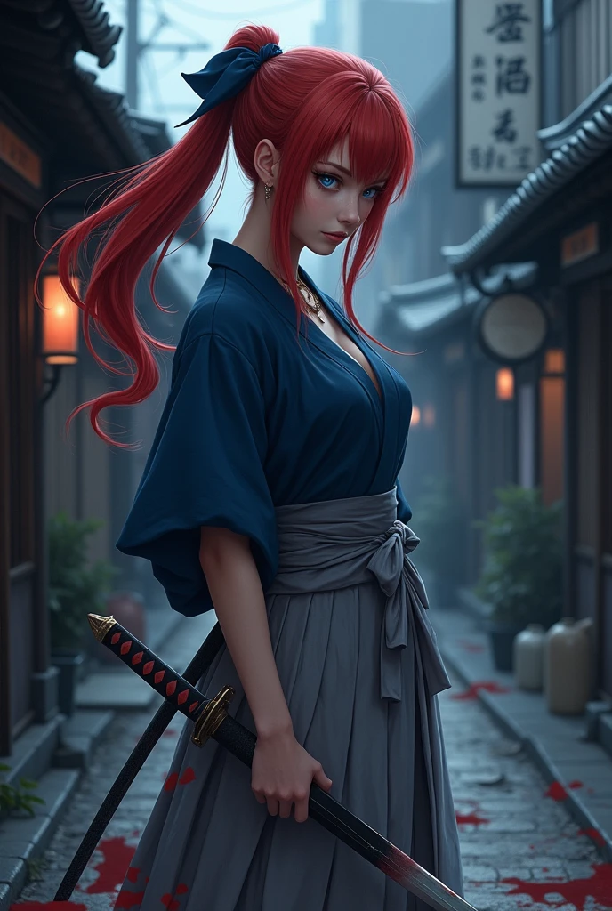 Anime, kimono, Japanese woman, blue eyes, red hair, long hair, ponytail, grey hakama, blue top, Japanese sword on left hip, large breasts, blue ribbon hair clip, night, very dark city of Kyoto, lots of blood splattering all over her body like a waterfall, Hitokiri Battousai, face looking down, biting lower lip, no sparkle in eyes, standing, anime