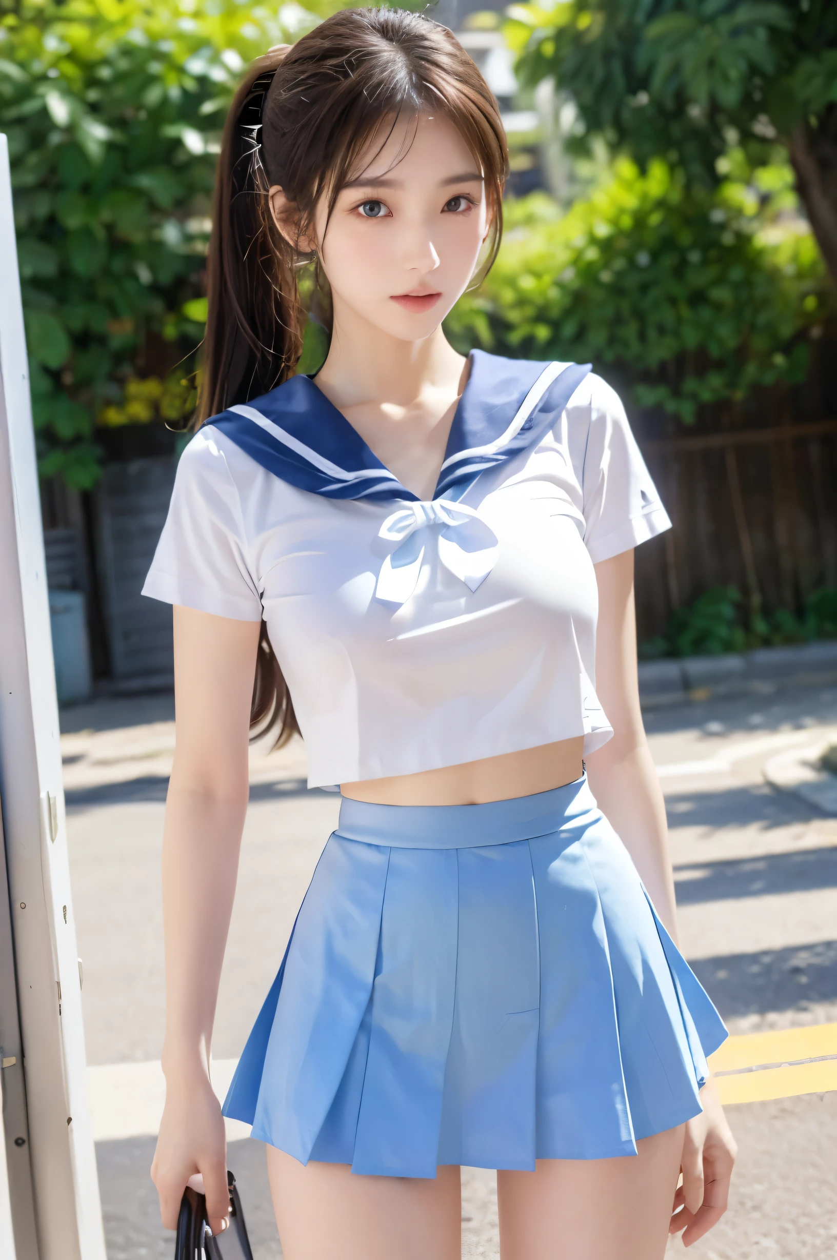 (Ultra HD), (looking at the camera), (Light blue sailor suit, Light blue mini skirt), Big Breasts, slender, Narrow waist, (The belly button is visible:0.8), whole body, Standing posture, (Beautiful Skin, Shiny skin, White skin), (Super slim face, Super beautiful face, No makeup), (light brown, ponytail, Layered Cut, Fluffy hair), (double eyelid, Slanted Eyes), Small Nose, Thin lips, (Thin legs:1.2), (Thin thighs:1.2), (Thin Hips:1.4), In front of the school gate